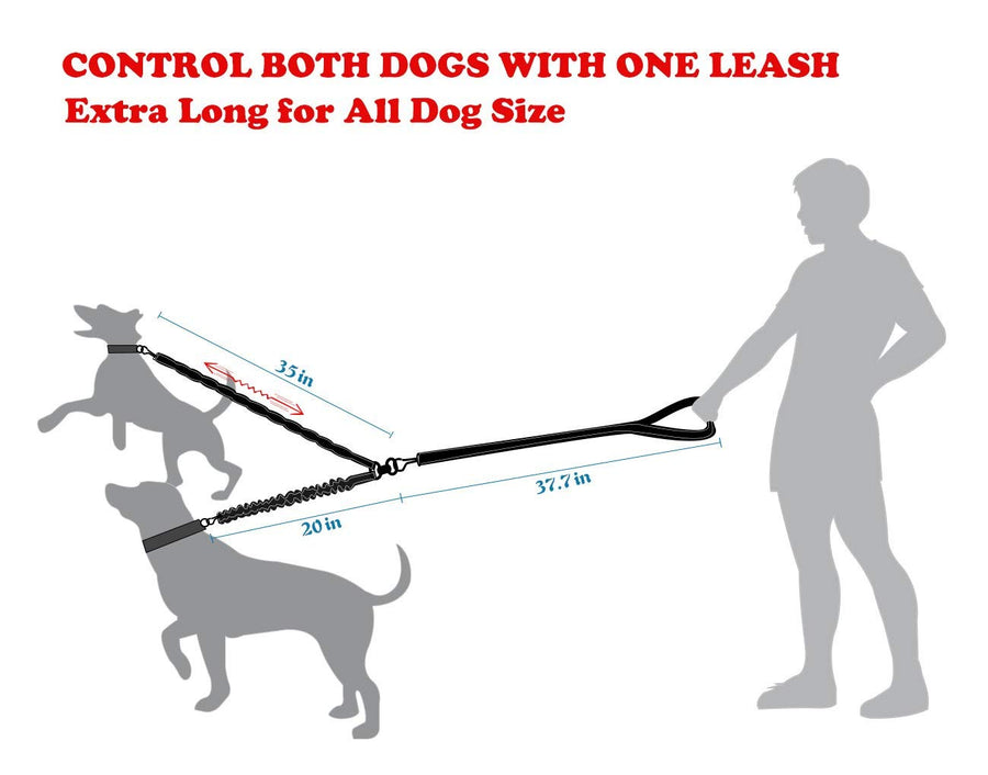 Dual Dog Leash,Double Dog Leash,360°Swivel No Tangle Double Dog Walking & Training Leash, Comfortable Shock Absorbing Reflective Bungee for Two Dogs with waste bag dispenser and dog training clicker
