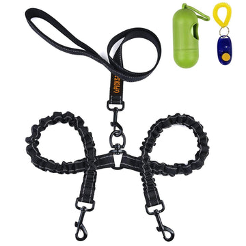 Dual Dog Leash,Double Dog Leash,360°Swivel No Tangle Double Dog Walking & Training Leash, Comfortable Shock Absorbing Reflective Bungee for Two Dogs with waste bag dispenser and dog training clicker